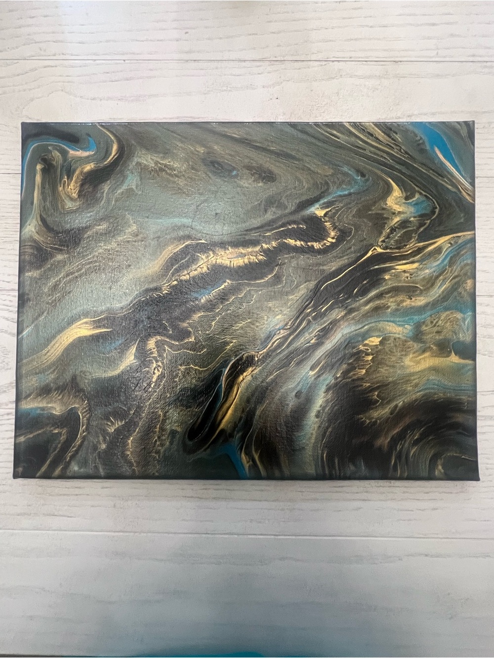 Original Abstract Fluid Art Painting 11x14 Teal Gold Black Acrylic Canvas